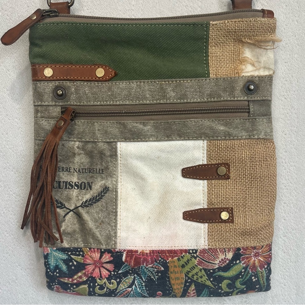 Myra Bag Boho Mixed Media Cotton Leather Canvas Burlap Patchwork Shoulder Bag